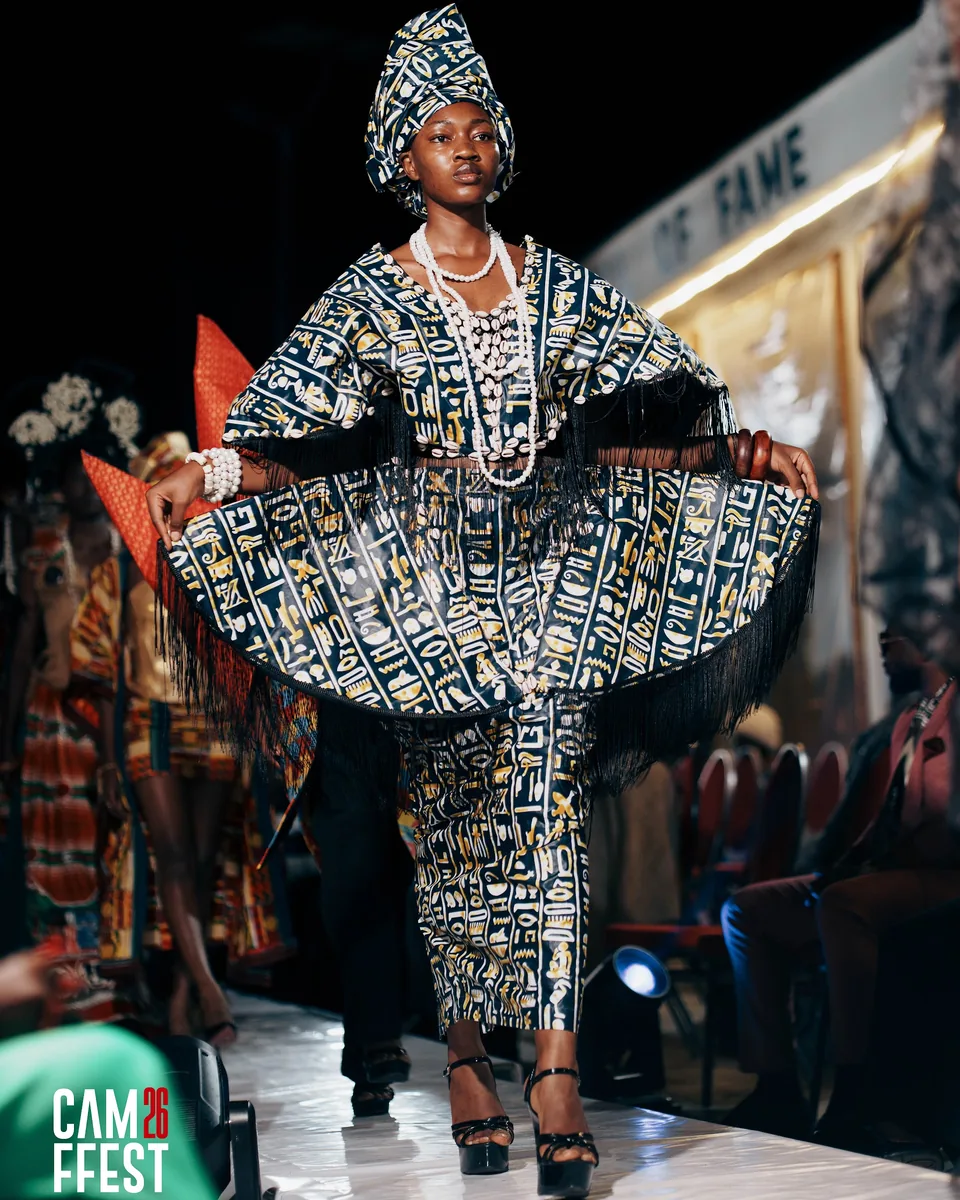 Model in a wide patterned dress